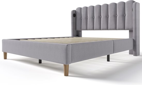 Sweiko Gestoffeerd bed Tweepersoonsbed met USB Type C Oplaadfunctie, Bedplaats met platte noedelsvoet, Grijs Gestoffeerd bed, 160 x 200 cm bedplaats Slaapkamer Jeugdbed Gastenkamer linnenmateriaal (geen matras)