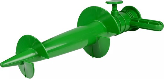 Groene kunststof parasolvoet met grondboor en handvat, 30 cm lang.