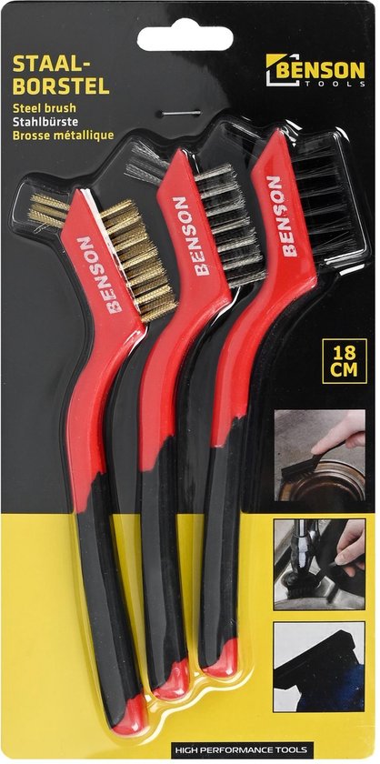 Benson staalborstelset met 18 cm rode en zwarte handgrepen. RVS, messing en nylon borstels.