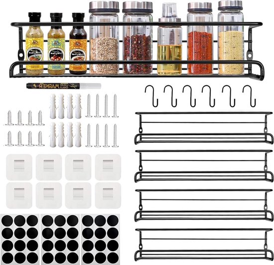 Organisateur de 4 étagères à épices, Rack à épices de Kitchen à suspendre au mur, Rack en acier inoxydable pour accessoires de Kitchen (noir)