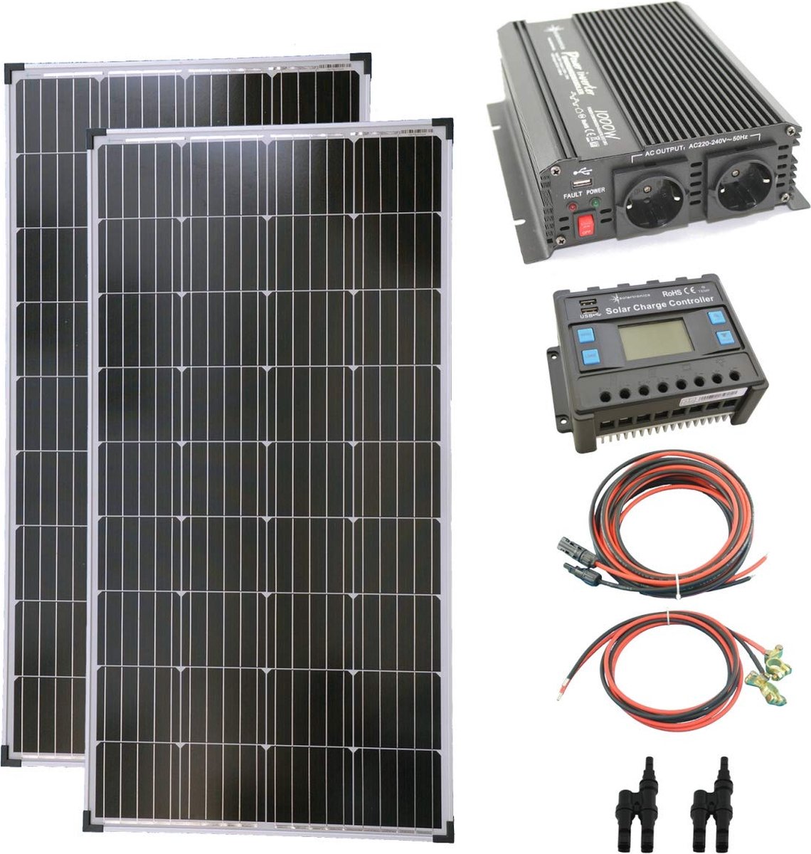 Complete zonne-energieset: 2 x 130W zonnepanelen, 1000W omvormer en laadregelaar