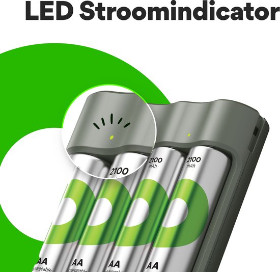 Een donkergrijze batterijlader met vier AA-batterijen. Een uitvergroot cirkelvormig gedeelte toont twee gele LED-lampjes boven de batterijen.