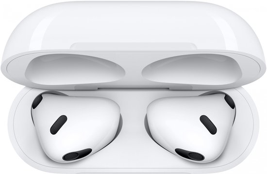 Twee witte AirPods in een open witte oplaadcase.