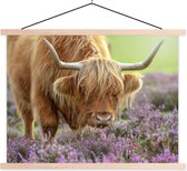 Posterhanger incl. Poster 120x90 cm - Schoolplaat - Schotse Hooglander - Paars - Bloemen - Textielposter - Blanke latten