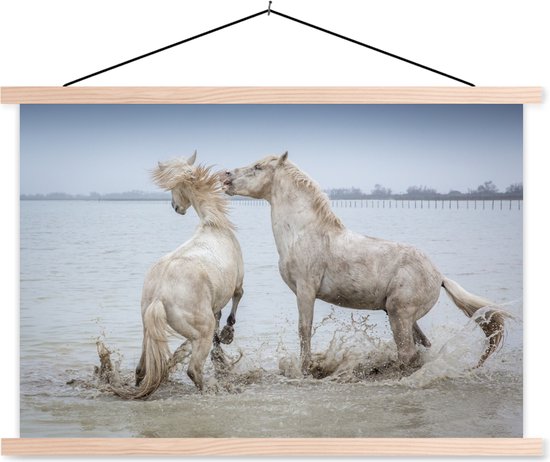 Deux chevaux jouent dans l'eau en Camargue affiche textielposter lattes vierge 150x100 cm