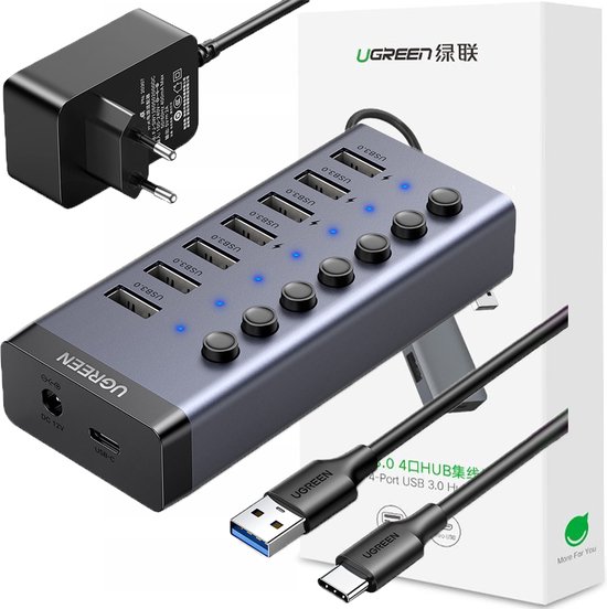 Multifunctionele Ugreen 7-in-1 USB Type C hub met 7x USB 3.0 poorten, PD, DC 12V, grijs