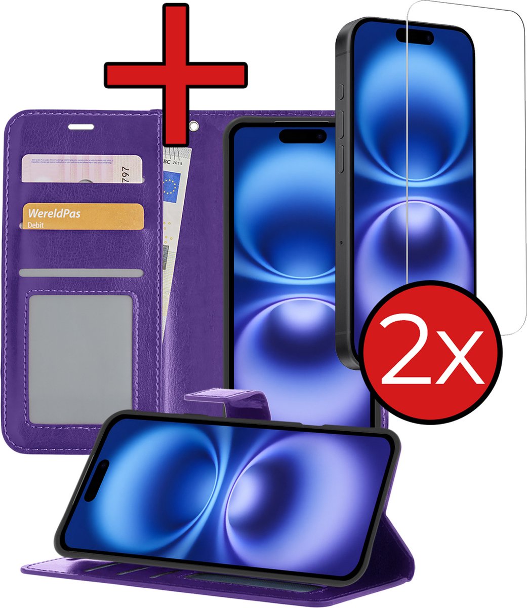 Hoesje - Met 2x Screenprotector - Geschikt voor Apple iPhone 16 - Luxe Pasjeshouder - Flip Case - Bookcase Portemonee - Kunstleer Book Case - Flipcase Hoes - Book Cover - Walletcase - Portemonneehoes - Telefoonhoes - Paars