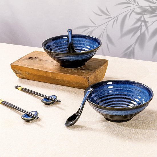 Ramen kom, keramische ramen bowl set met deksel, 800ml soepkommen, Pho, Japanse vintage ramen kom van keramiek voor granen, soep, Aziatisch servies, magnetron- en vaatwasserbestendig