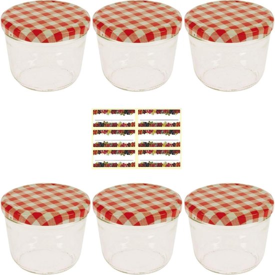 6 x kleine jampot twist-off glazen set in valvorm 230 ml - weckpotten voorraaddozen - incl. etiketten jampotjes met deksel