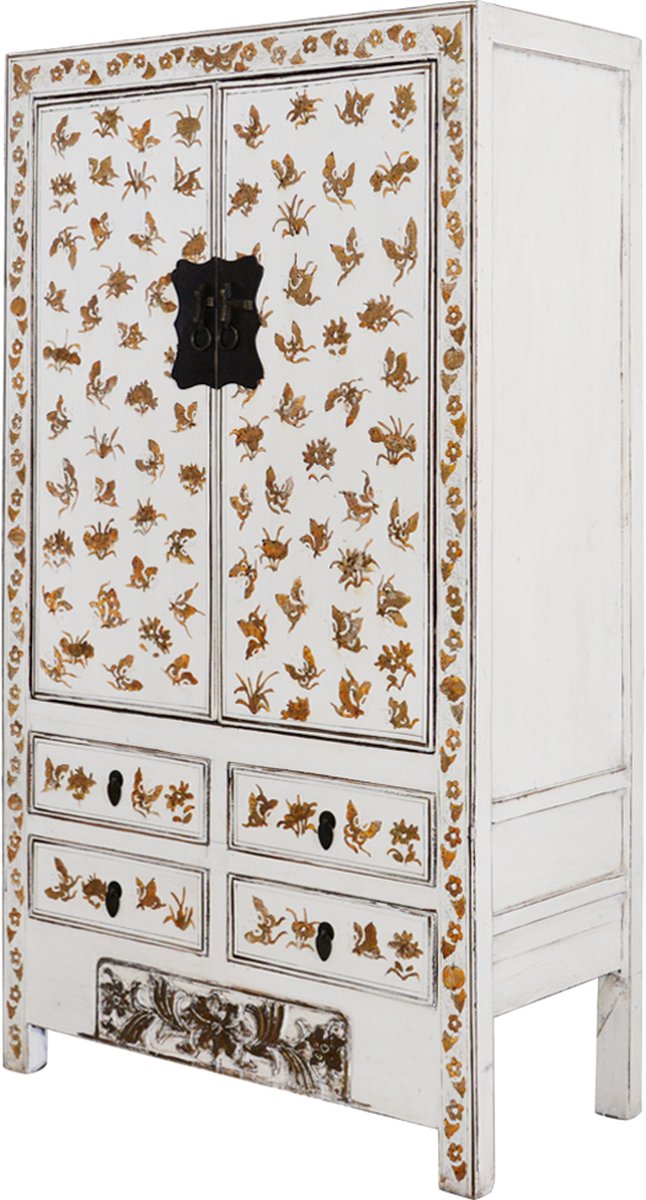Fine Asianliving Antieke Chinese Bruidskast Wit Goud Handgeschilderd B105xD50xH188cm Chinese Meubels Oosterse Kast