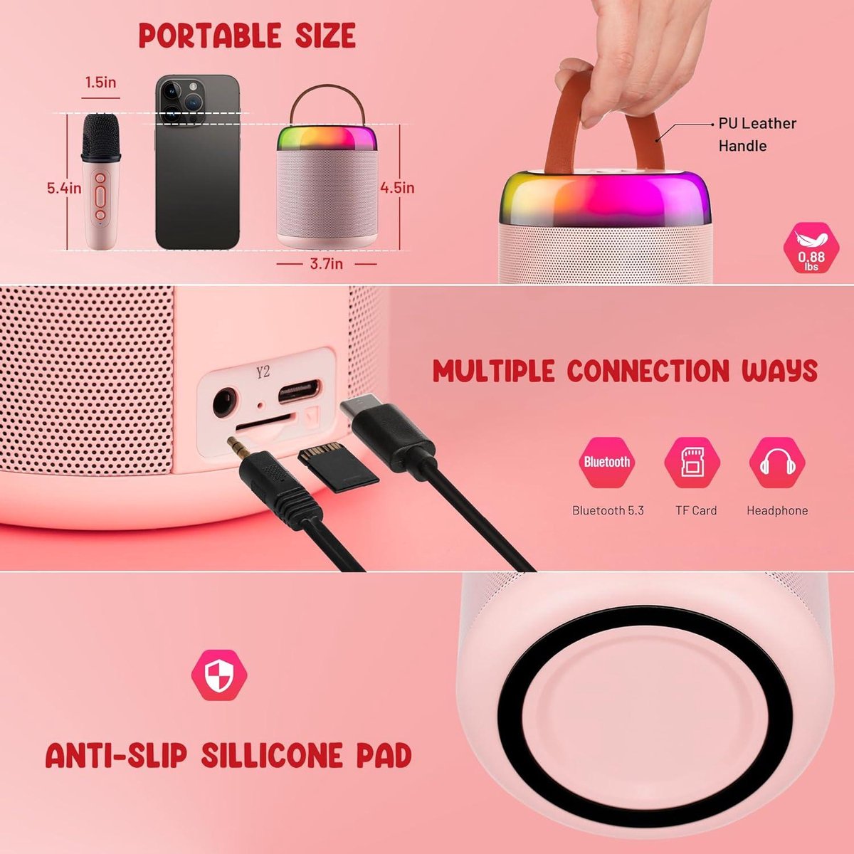 Diealles Shine Karaoke-machine voor kinderen, karaoke met 2 microfoons, mini-karaoke-set met ledlicht en spraakveranderingseffecten, karaoke speelgoed voor meisjes en jongens van 3-12 jaar, roze