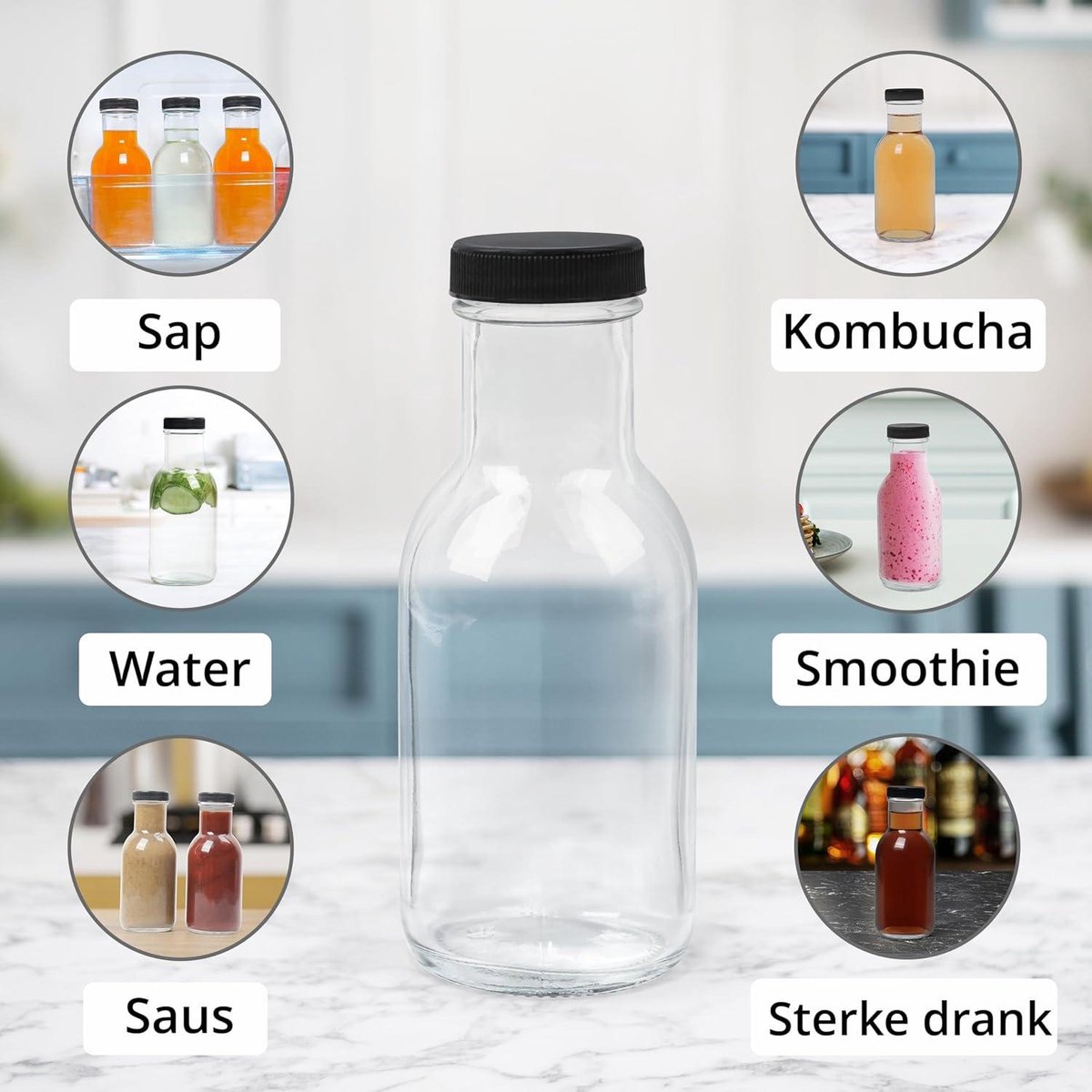 4 Herbruikbare Glazen Sapflessen Met Doppen - 16oz Hoge Glazen Potten Voor Sap, Smoothies, Bubble Tea & Thee (Wit)