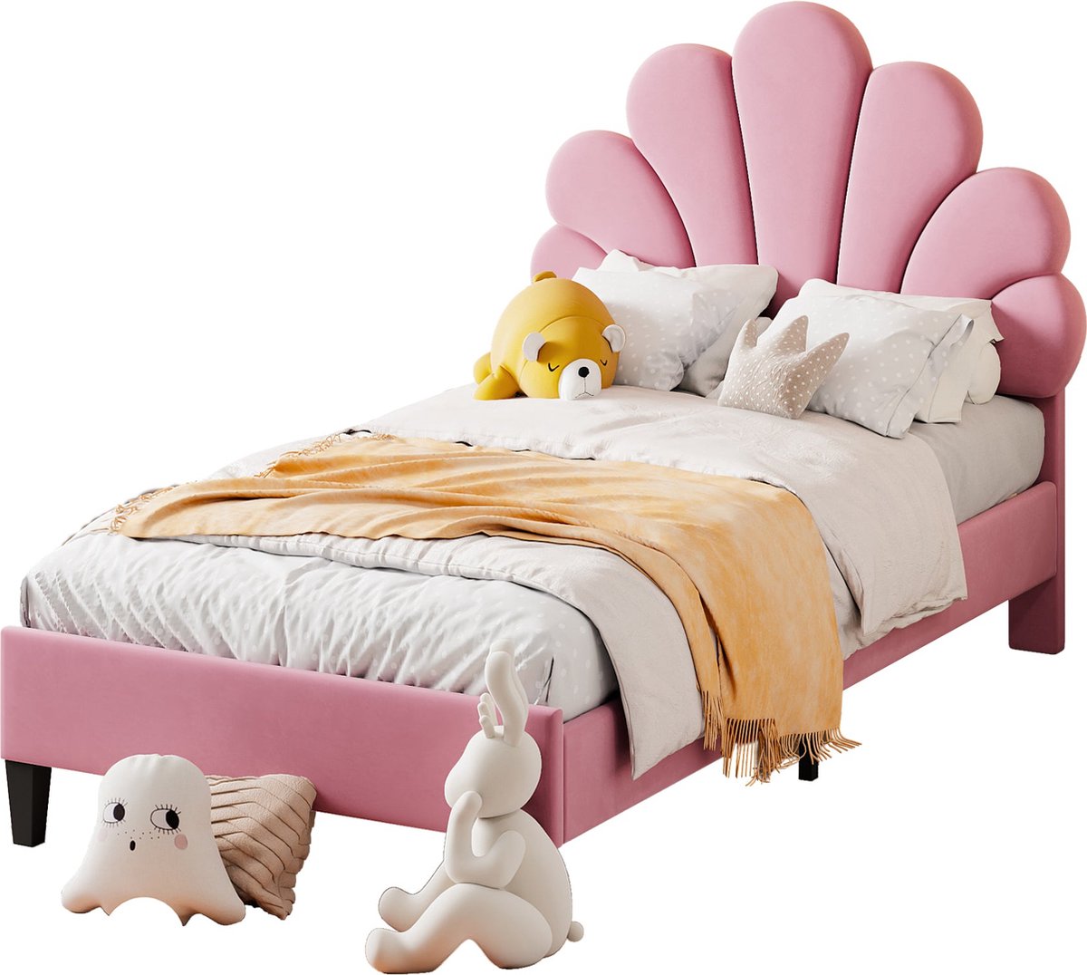 Merax Kinderbed 90x200cm - Bed met Hoofdbord in Bloemenvorm en Lattenbodem - Teenmeisjesbed in Fluweel - Rosa - Gastbed