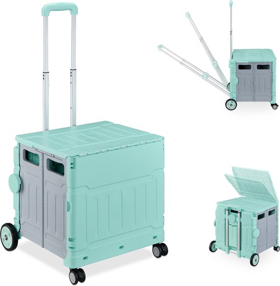 Drie turquoise en grijze inklapbare winkelwagens met wielen en telescopische handgrepen.