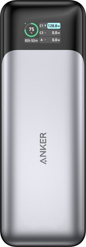 Zilverkleurige en zwarte powerbank met een digitaal display dat 75% batterij aangeeft.