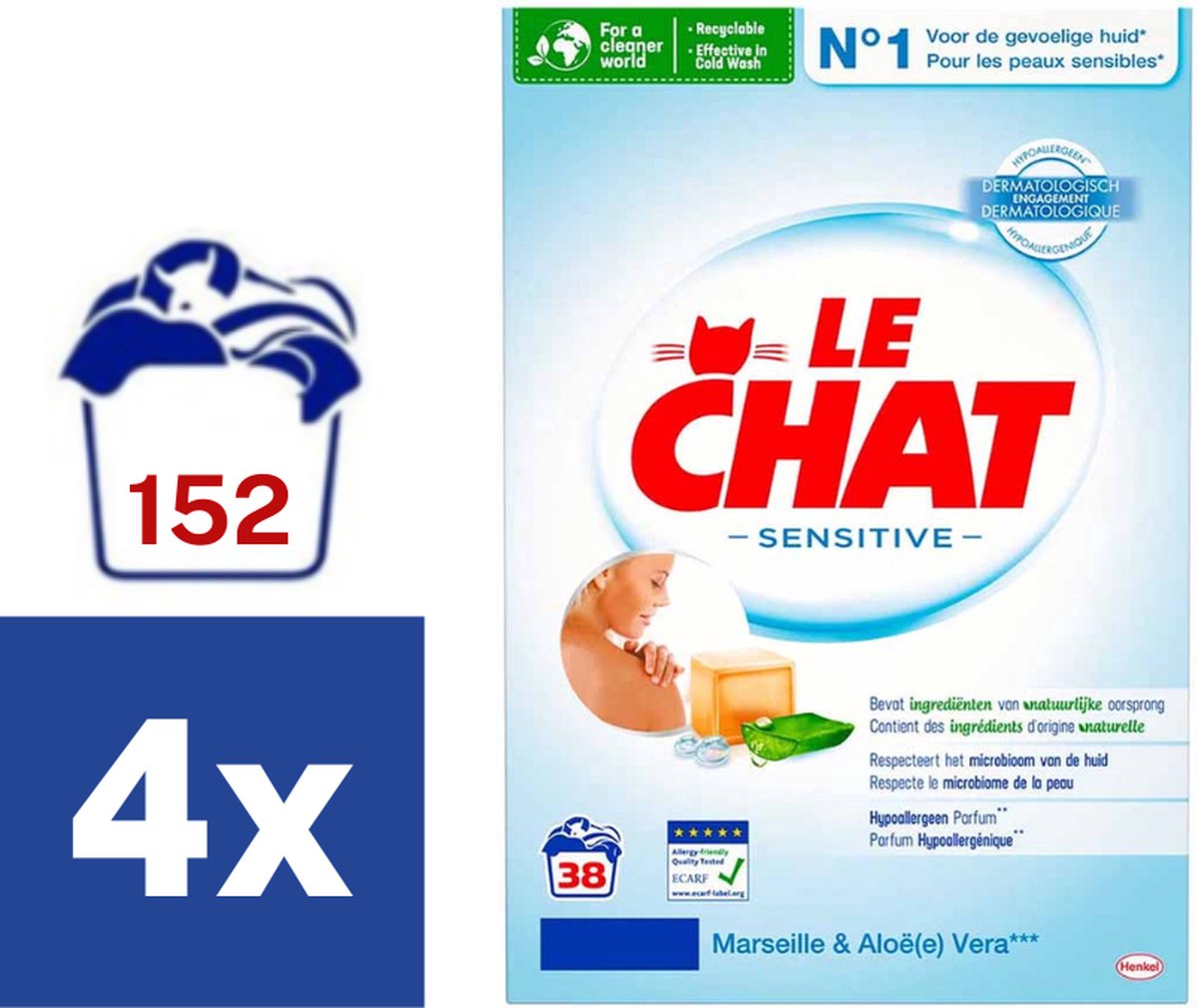 Goedkoopste Le Chat Marseille & Aloe Vera Waspoeder - 4 x 2.28 kg (152 wasbeurten