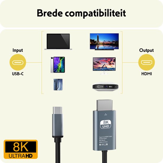 Adaptateur USB C vers HDMI Résolution HD 8K - Convertisseur de câble USBC vers HDMI - 2 mètres - Zwart