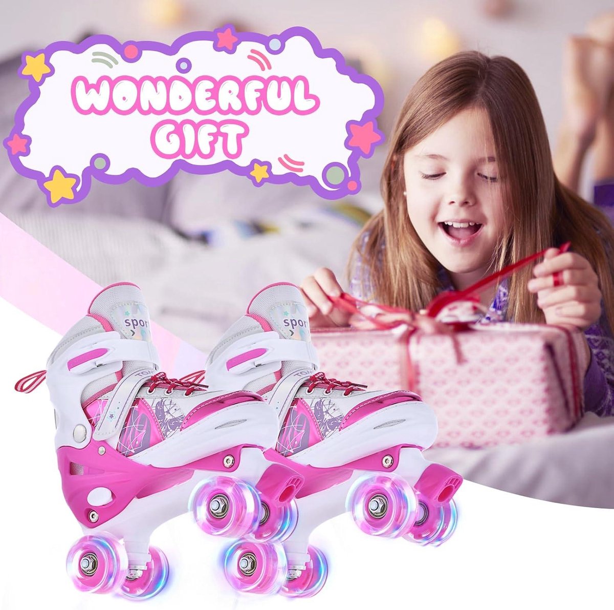 Patin à Roulettes Enfant Quad – Taille Réglable, Roues LED Lumineuses – Pour Filles, Garçons, Débutants – Intérieur/Extérieur