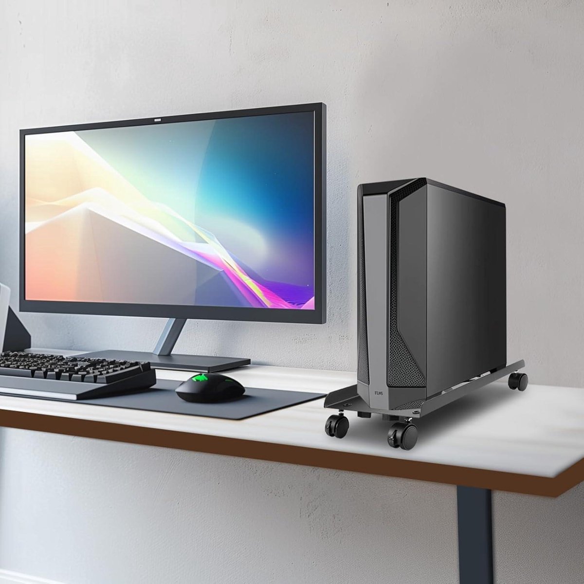 Support PC En Bois Massif Avec Roulettes | Pour Boîtier ATX Jusqu'à 22cm | Design Queue-d'Aronde | Stable Et Mobile
