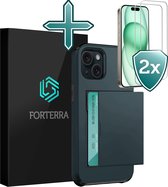 Coque pour iPhone 15 Plus avec porte-cartes, coque rigide avec 2 films de protection d'écran – Coque arrière pour iPhone 15 Plus avec porte-cartes – Bleu foncé