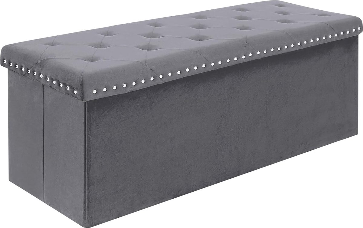 Goodivery ® Opvouwbare Luxe Fluwelen Opbergbank met Nieten en Opslagruimte - Grijs 110 x 40 x 40 cm