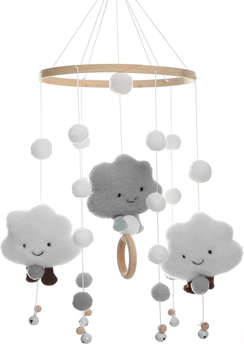 Mobiele Baby Windgong, Wolk Pop Windspel, Mobiel Baby Hout met Vilten Ballen 3D Wolken, Mobiele Baby Meisjes Bedbel Hanger voor Babybed Jongens en Meisjes, Pasgeboren Gift (grijs)