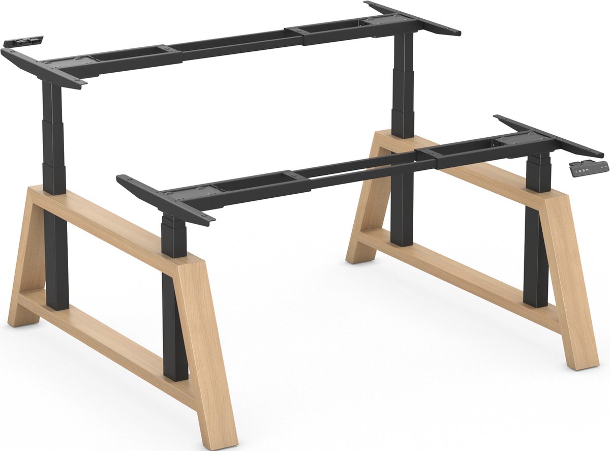 Worktrainer OakDesk Dubbel Zit Sta Bureau - Hoogte 73,5 - 137,5 cm - Breedte 107,5 - 180 cm - Zwart/Eiken - Memory Bediening - In Hoogte Verstelbaar Bureau Duo Onderstel - Elektrisch Frame