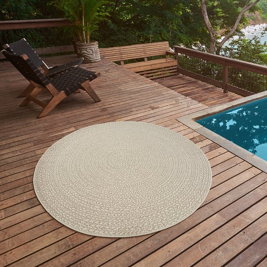 The Carpet Kansas – Tapis robuste d'intérieur et outdoor avec aspect jute naturel, résistant aux intempéries, adapté pour terrasse et jardin, Crème, 120 cm rond