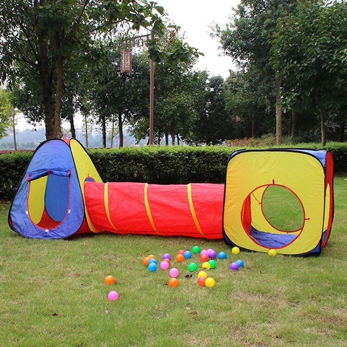 Speeltent voor Kinderen met tunnel en 2 gordijnen frame van metaal opvouwbaar en pop-up bekleding van stof speelground 3 stuks huis en outdoor tuin meerkleurig