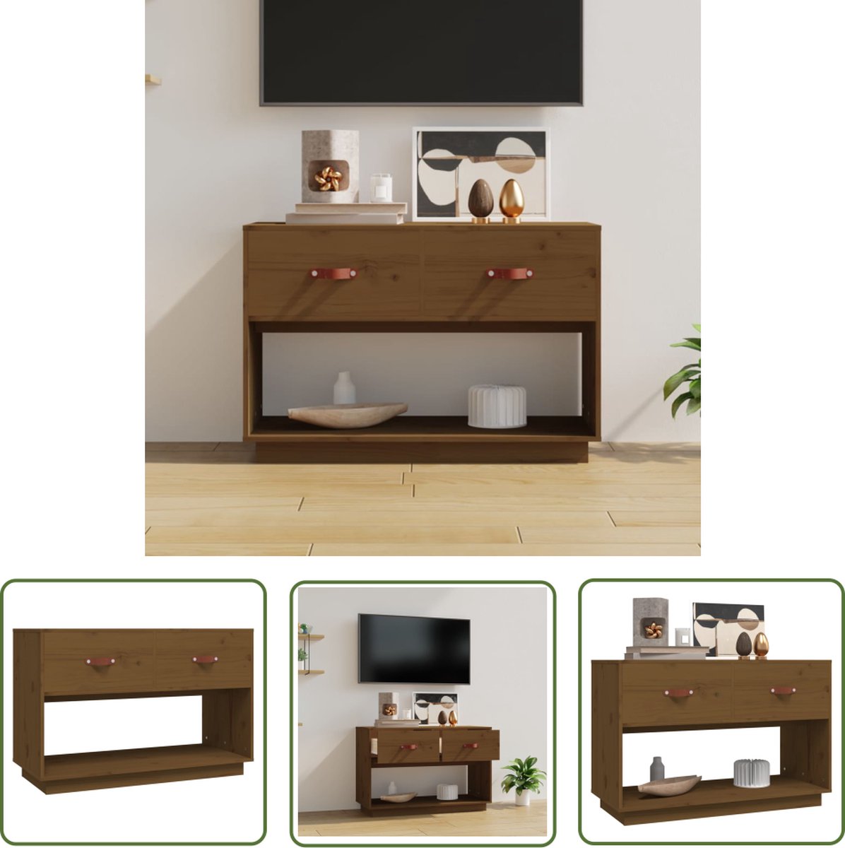 The Living Store Klassieke Televisiekast - 90 x 40 x 60 cm - Massief Grenenhout - Honingbruin