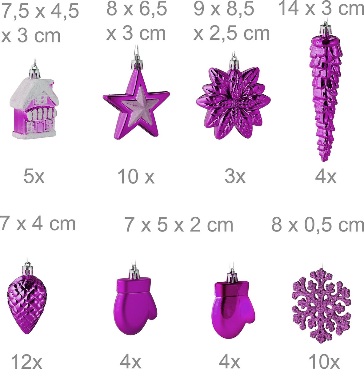 Kerstballen set van 100 - plastic - mat - glanzend - glitters - 10 designs - paars – foto 6