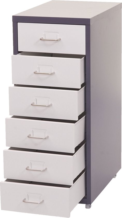 Donkergrijs metalen archiefkast met 6 witte laden met metalen handgrepen, op wieltjes.
