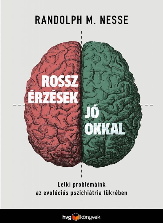 Boekcover met een afbeelding van een brein, verdeeld in een rood en groen gedeelte. Op het rode gedeelte staat "ROSSZ ÉRZÉSEK" en op het groene gedeelte "JÓ OKKAL".