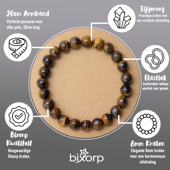 Armband van 8mm tijgeroog kralen, elastisch, 20cm, met iconen voor 20cm, tijgeroog, elastiek en Bixorp kwaliteit.