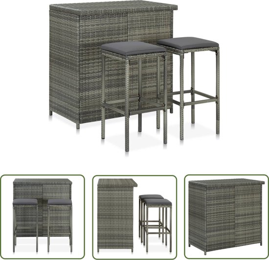 The Living Store Barset - Grijs - Rotin PE et acier - 102 x 60 x 105 cm - Incl - 2 tabourets de bar et coussins