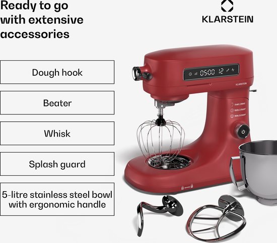 Klarstein Chiara Keukenmachine - 1600W - 5 Liter Roestvrijstalen kom - 12 Snelheden - LCD Touch Display - ≤72 dB - Vaatwasmachinebestendige patisserie set - Gegoten aluminium behuizing - Rood van Klarstein — afbeelding 2