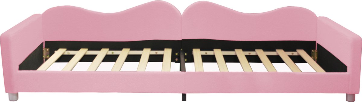 Gutent Kinderbed, Slaapbank, Roze (Zonder matras), 90x200 cm, Bedframe in Teddybeerstof, Multifunctioneel zacht bed met rugleuning en armleuningen, tienerbed, logeerbed