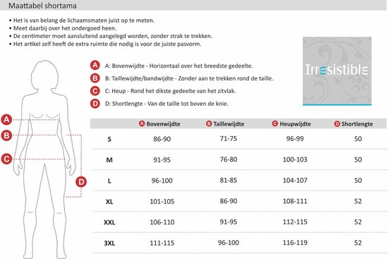 Maattabel met maataanduidingen voor borst-, taille-, heupwijdte en shortlengte.