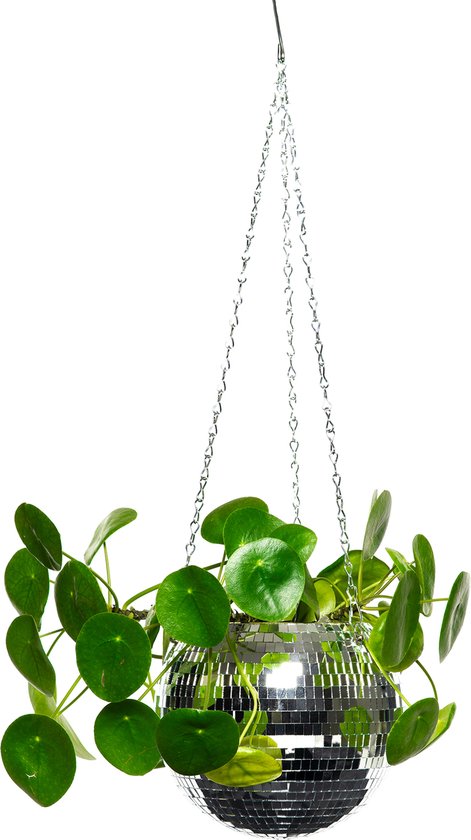 Foto: Kimu discobal hangpot hangplant 15 cm hangende plantenpot bloempot spiegeltjes spiegelbol ketting discobol vintage pot ketting haak festival