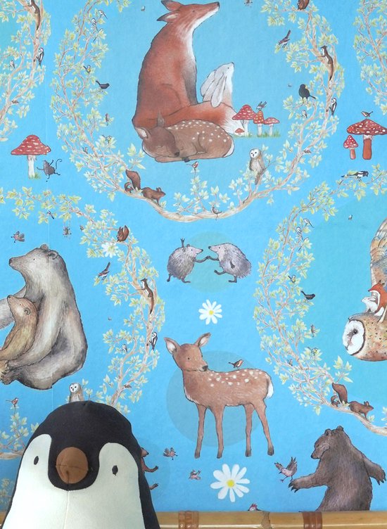 Papier peint Happy in the Forest Myosotis bleu 1000 cm | Pour chambre de Bébé et d'enfant | Fabriqué aux Pays-Bas | Propre conception | Design de brise-cœur