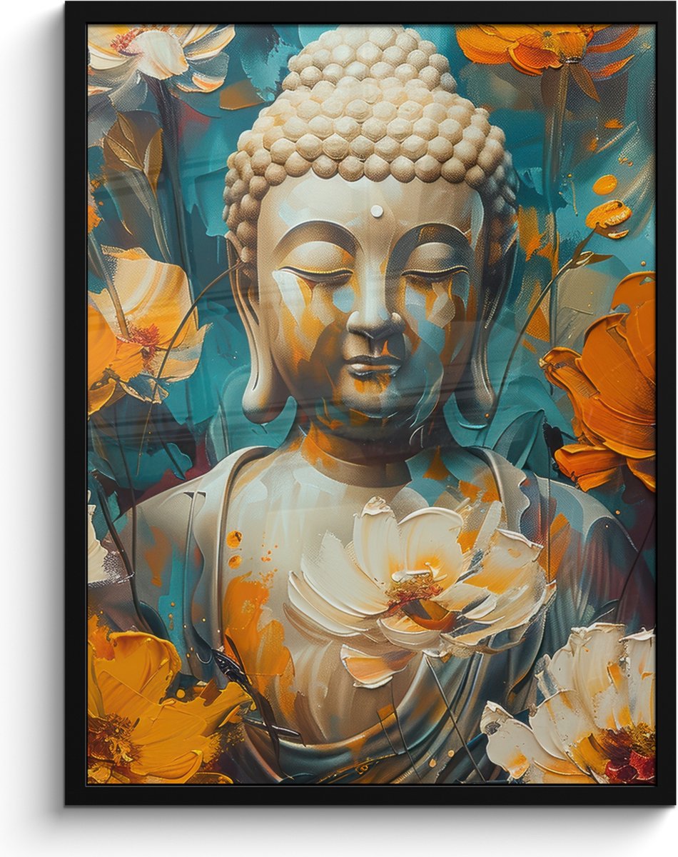 FrameYourWall Poster in lijst - Fotolijst 60x80 cm - Posters - Buddha - Bloemen - Kleurrijk - Modern - Posterlijst zwart - Decoratie - Wanddecoratie woonkamer - Muurdecoratie slaapkamer