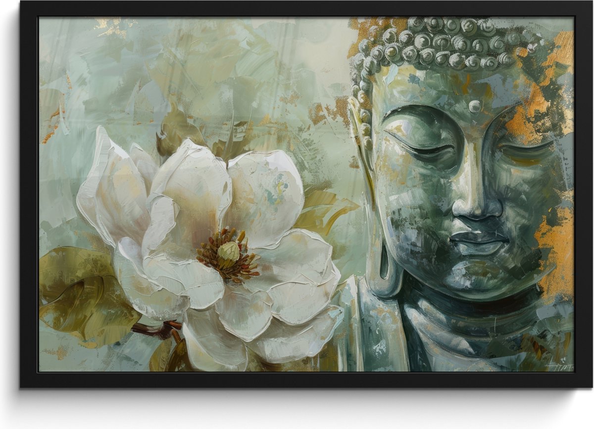 FrameYourWall Poster in lijst - Fotolijst 60x40 cm - Posters - Boeddha - Groen - Lotusbloem - Wit - Posterlijst zwart - Decoratie - Wanddecoratie woonkamer - Muurdecoratie slaapkamer