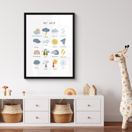 Poster in lijst - Fotolijst 60x80 cm - Posters - Het weer - Leren voor kinderen - Educatief - Regenboog - Zon - Posterlijst zwart - Kamer decoratie - Wanddecoratie kinderkamer - Muurdecoratie babykamer