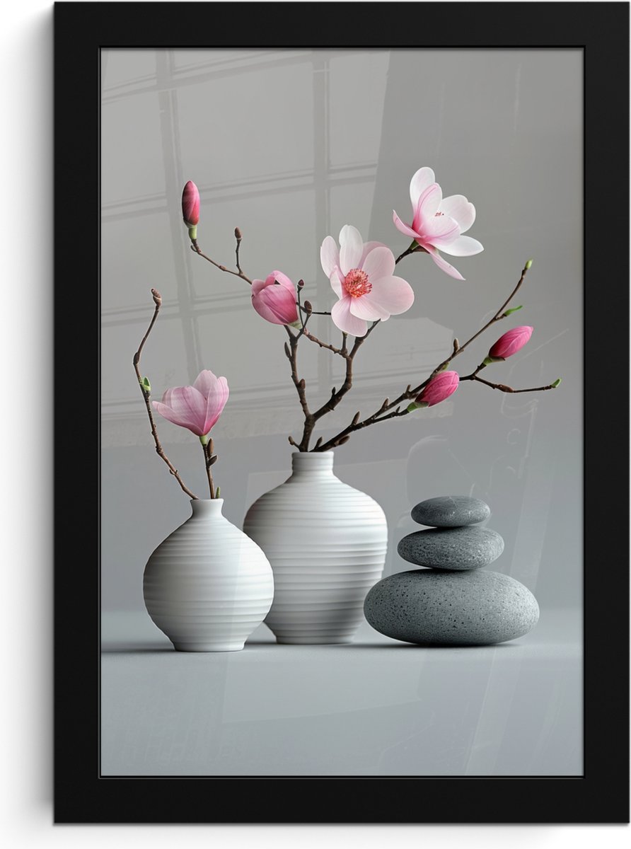 FrameYourWall Poster in lijst - Fotolijst 20x30 cm - Posters - Magnolia - Bloemen - Roze - Zen stenen - Posterlijst zwart - Wanddecoratie badkamer - Muurdecoratie WC - Decoratieve accessoires - Toilet muur decoratie Bloemen - Vaas