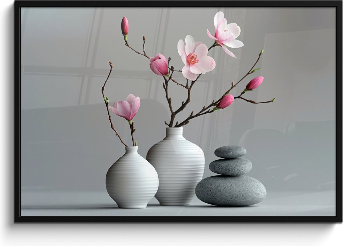 FrameYourWall Poster in lijst - Fotolijst 120x80 cm - Posters - Magnolia - Bloemen - Roze - Zen stenen - Posterlijst zwart - Wanddecoratie badkamer - Muurdecoratie WC - Decoratieve accessoires - Toilet muur decoratie Bloemen - Vaas