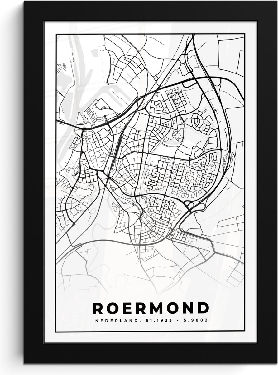 Poster in lijst - Fotolijst 20x30 cm - Posters - Kaart - Roermond - Zwart - Wit - Posterlijst zwart - Decoratie - Wanddecoratie woonkamer - Muurdecoratie slaapkamer