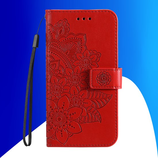 Étui adapté pour iPhone 16 Plus - Bookcase - Porte-cartes - Portefeuille - Imprimé fleuri - Simili cuir - Rouge