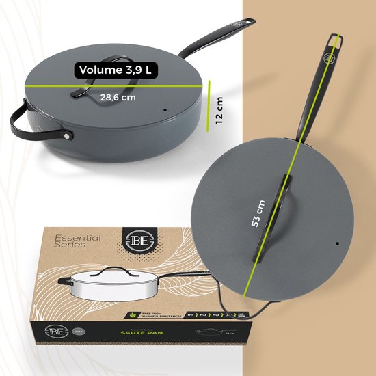 Grijze braadpan met deksel, met afmetingen 28.6cm breed en 12cm hoog. "Volume 3,9 L" is zichtbaar.