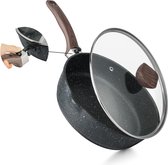 Bol.com Anti-aanbak frituurpan met deksel 255 cm - Koekenpan met afneembaar houten handvat - Granieten steencoating - Inductie k... aanbieding