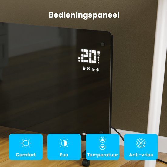 Auronic Chauffage Électrique - Convecteur avec Thermostat et Télécommande - Panneaux chauffants - jusqu'à 30 m² - Chauffage 2500W - Zwart